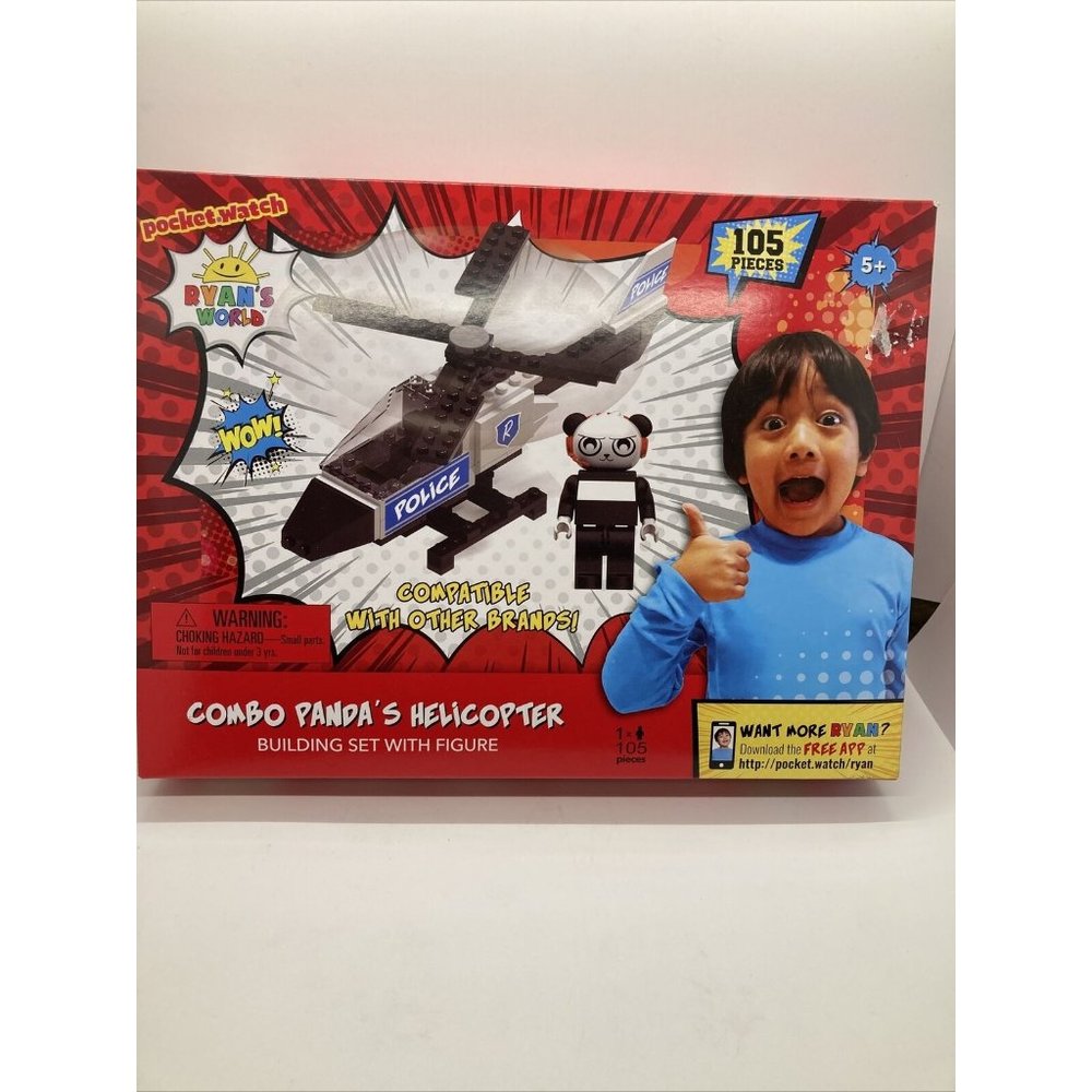 NIB Pocketwatch Ryan’s World COMBO PANDA HELICOPTER Building Set 105 PCS + FIG
